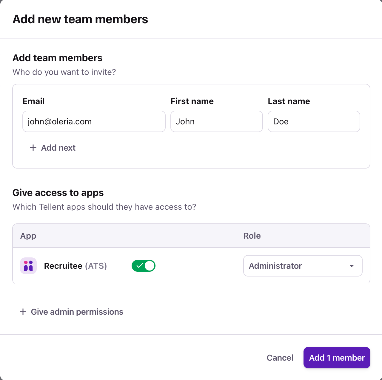 Recruitee Add new team members dialog with Recruitee (ATS) turned on and the Administrator role selected