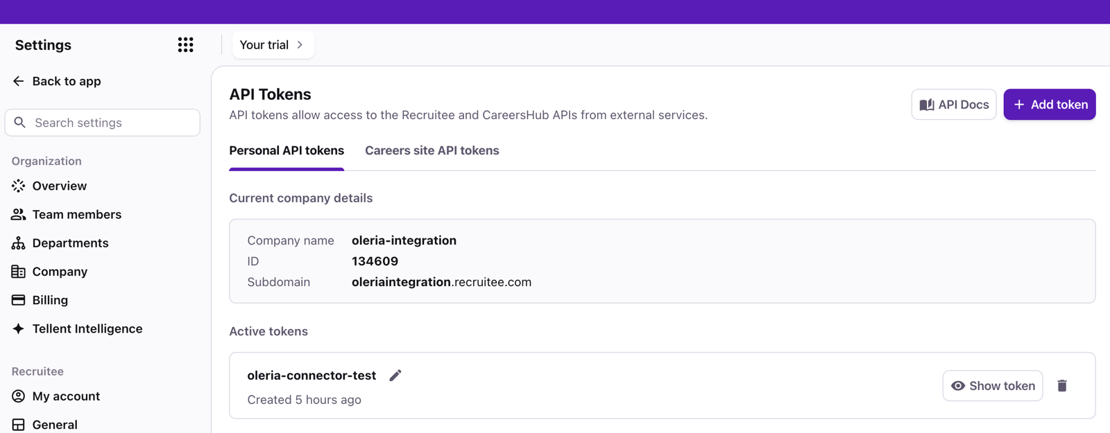 Recruitee API Tokens page on the Personal API tokens tab, showing the company ID under Current company details and the Add token button