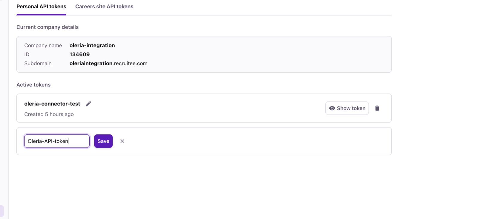 Recruitee Personal API tokens tab with a new token label entered and the Save button