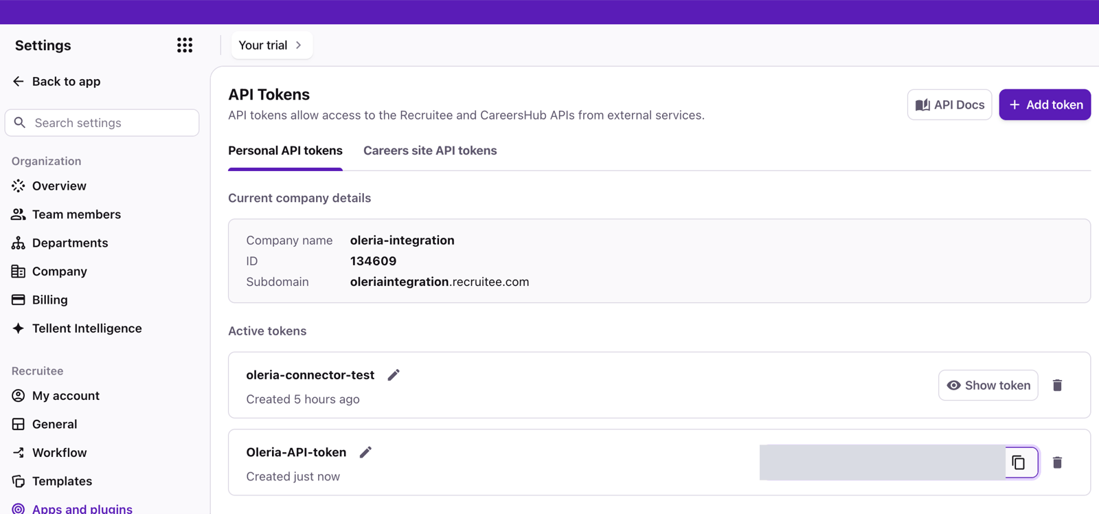 Recruitee personal API token created under Active tokens, with its value hidden and the copy icon