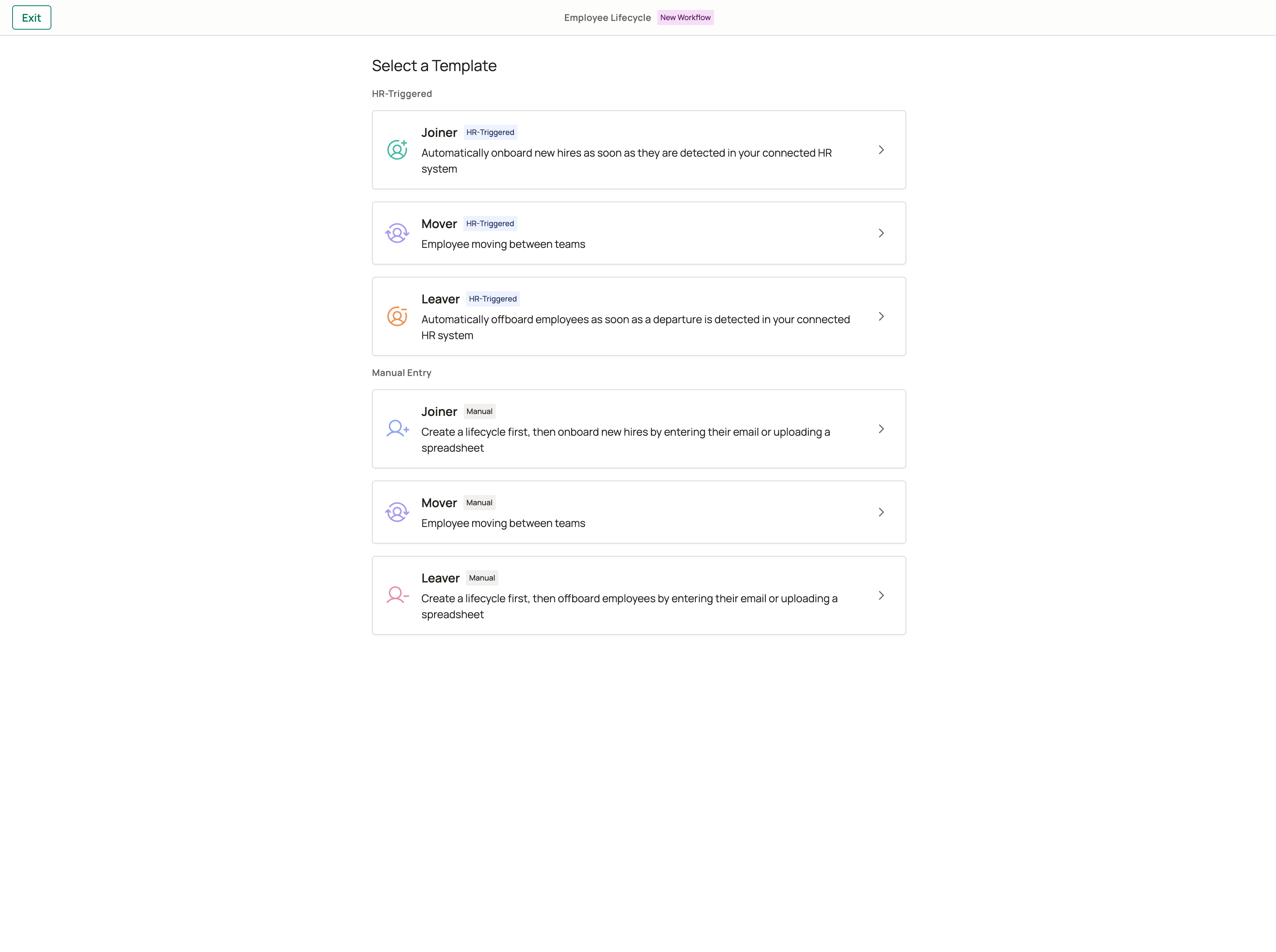 Lifecycle template selection page
