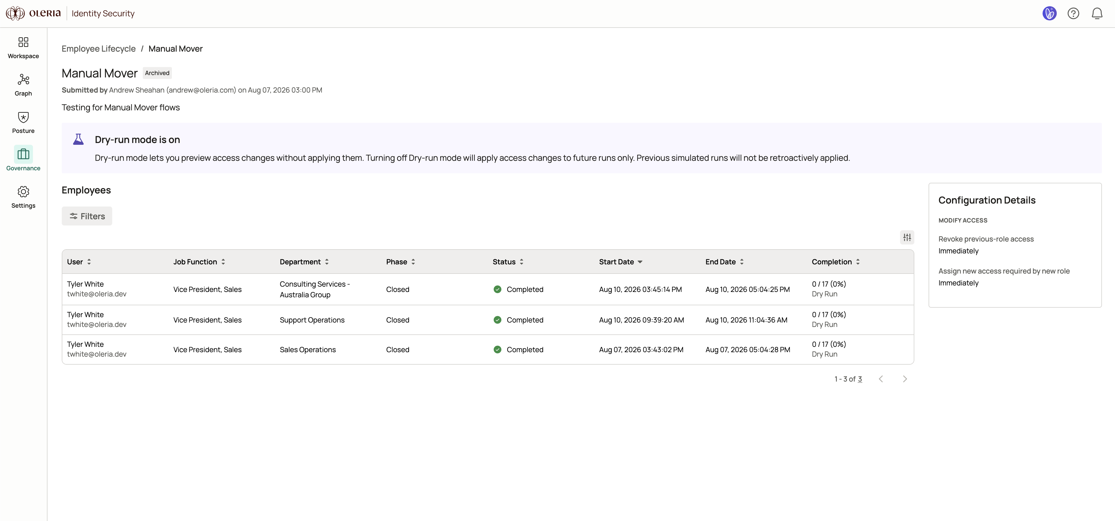 Mover lifecycle details page showing the employee table with phase, status, and access columns