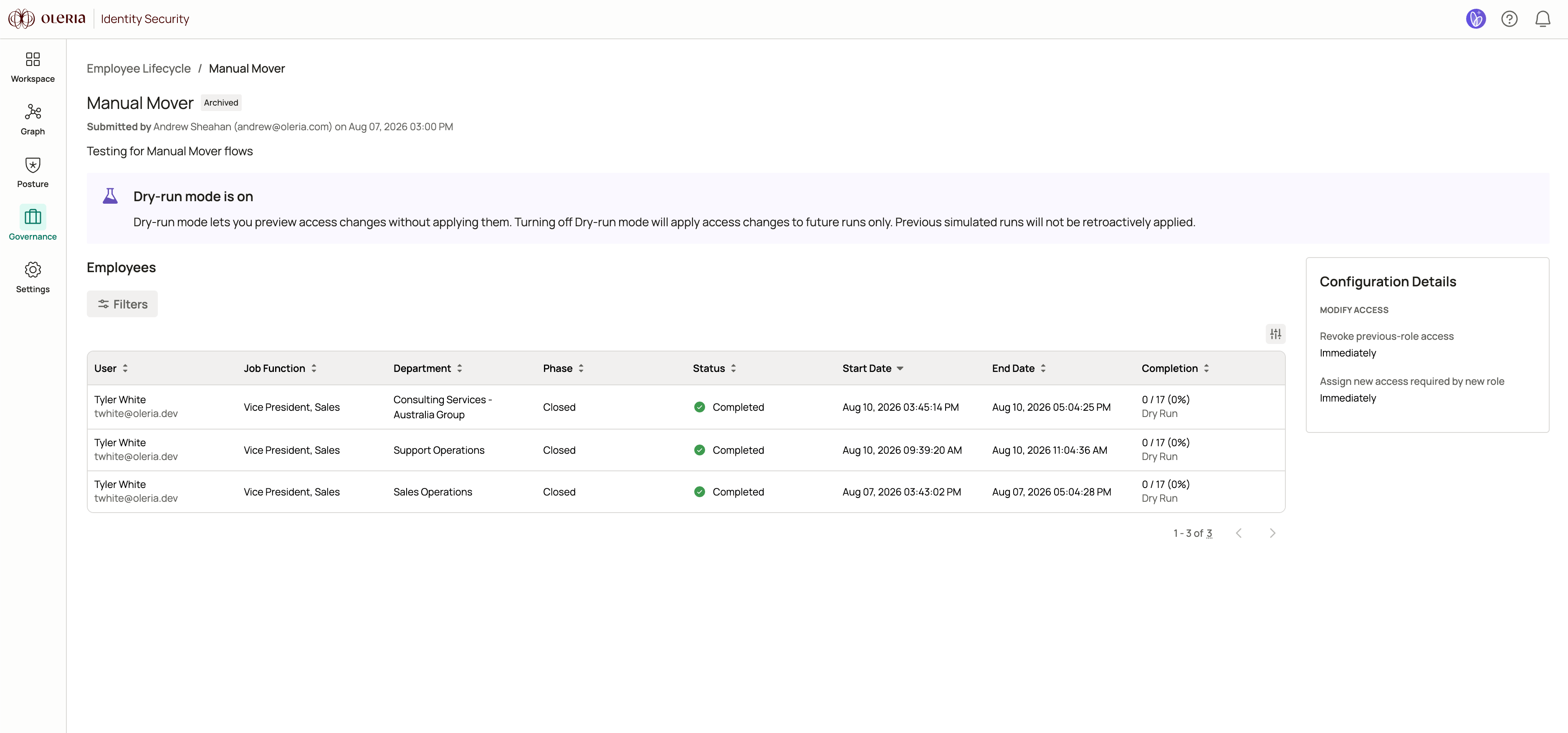 Mover lifecycle details page showing the employee table with phase, status, and access columns