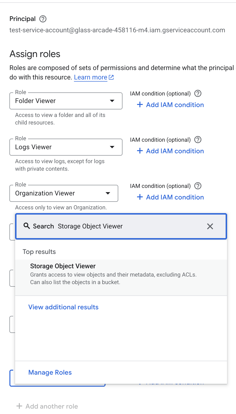 Bucket permissions Grant Access dialog showing role search for Storage Object Viewer