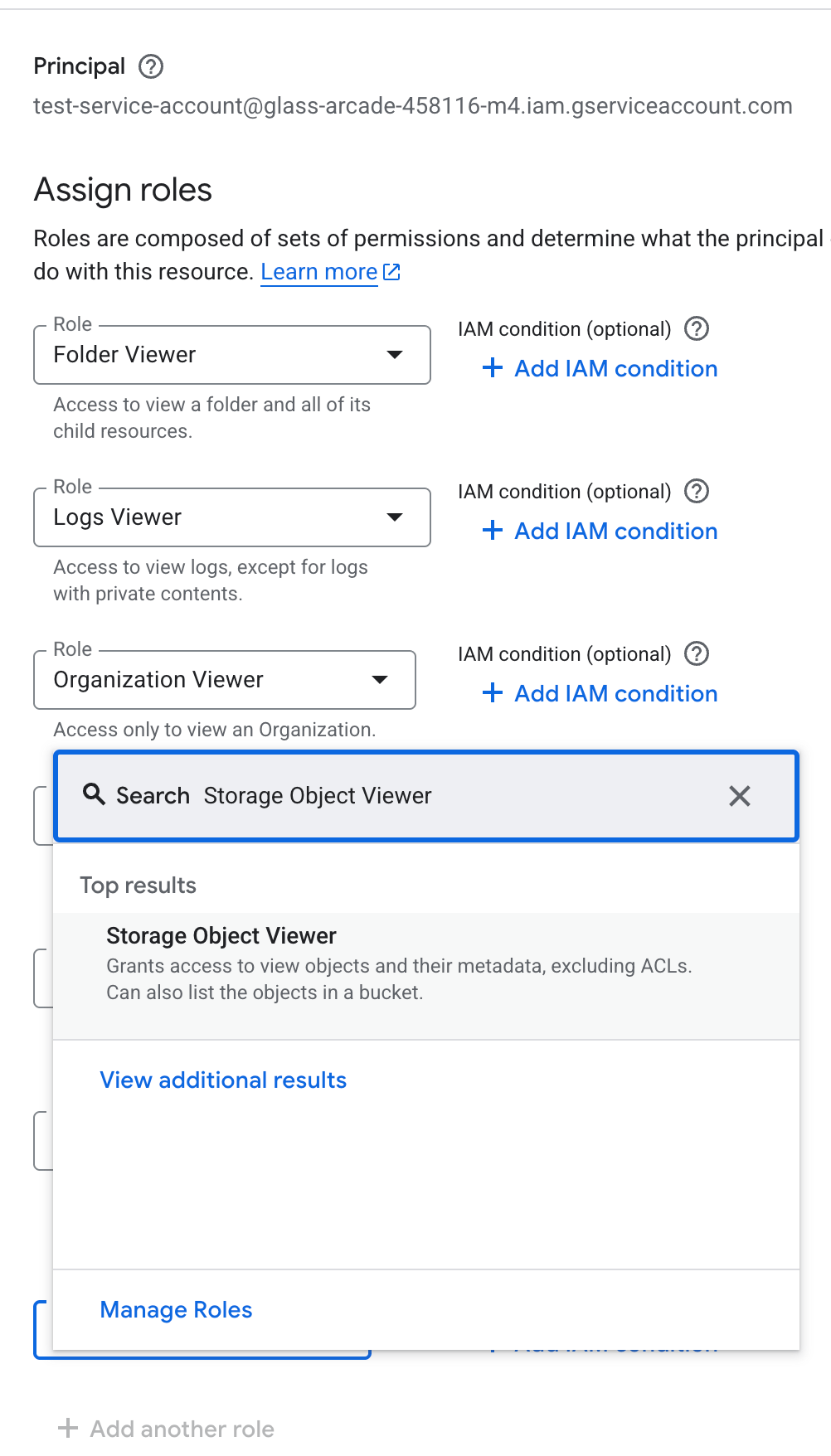 Bucket permissions Grant Access dialog showing role search for Storage Object Viewer