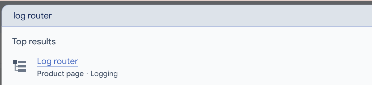GCP search bar showing log router search result