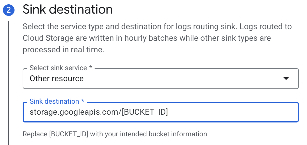 Sink destination step showing Other resource selected with storage.googleapis.com URI