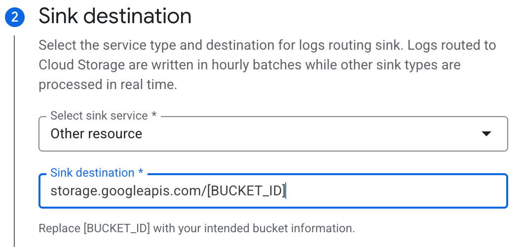 Sink destination step showing Other resource selected with storage.googleapis.com URI