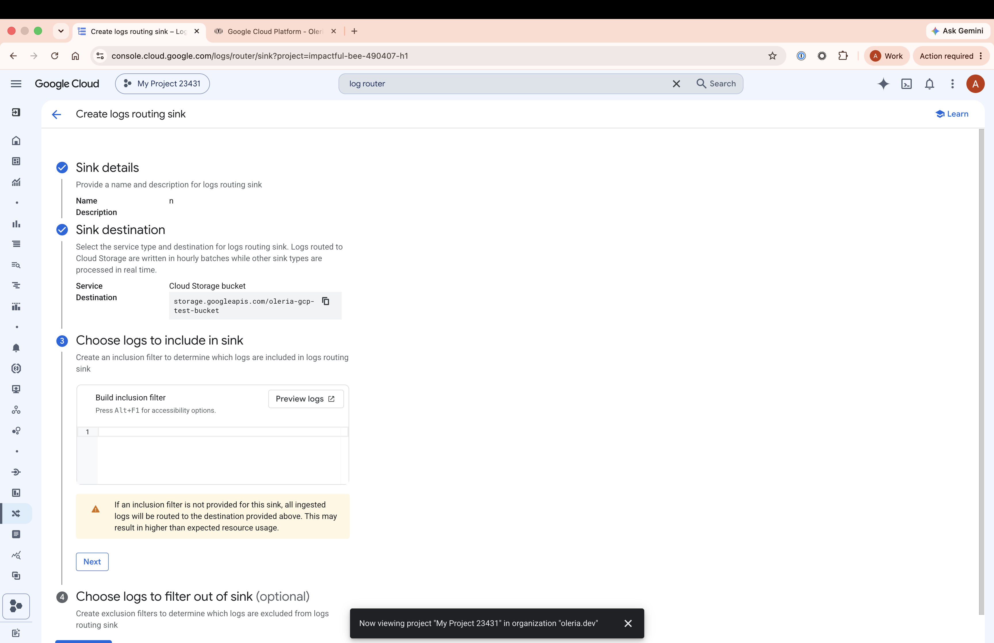 Full sink creation wizard at project level showing Cloud Storage bucket destination