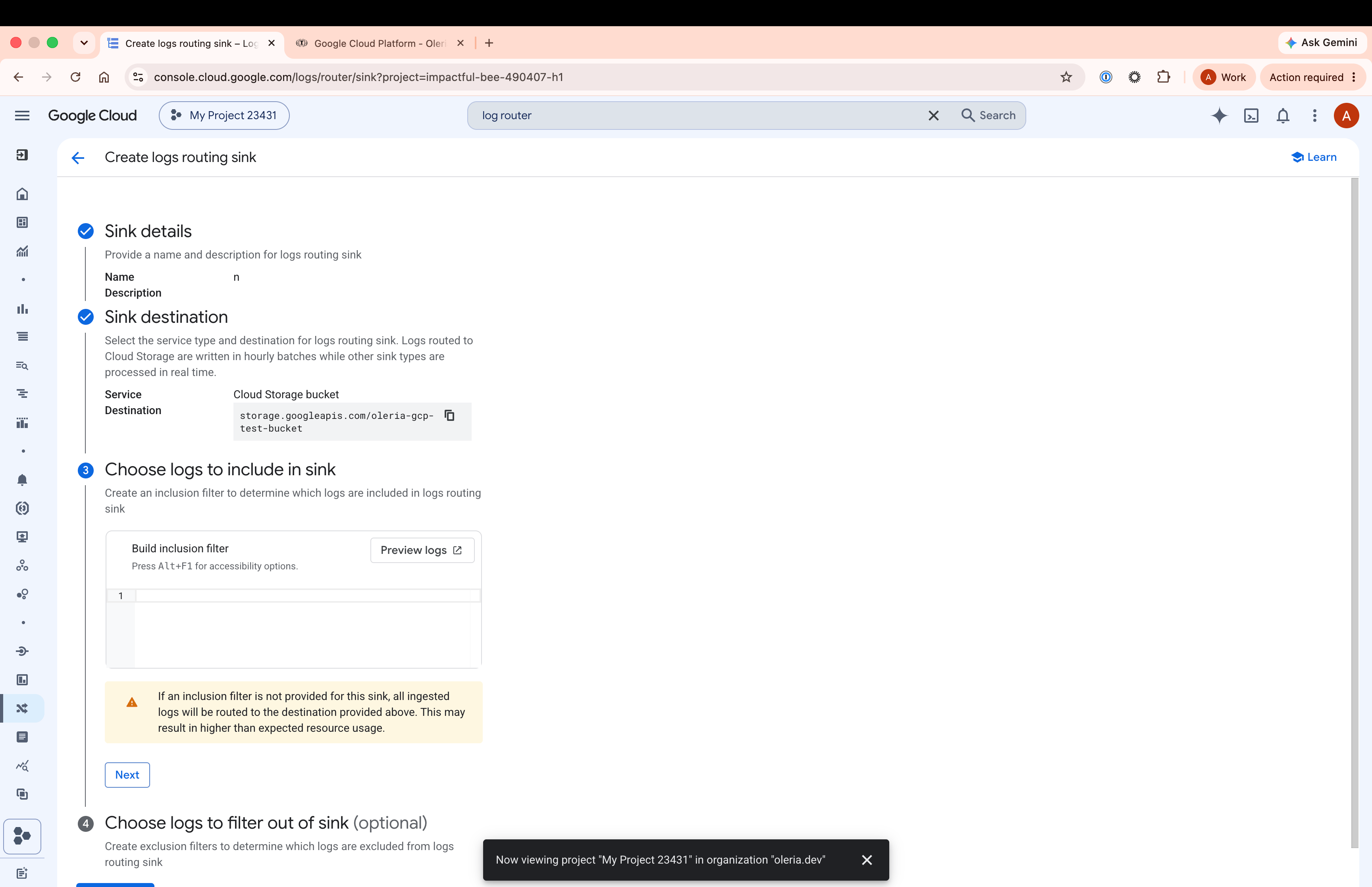 Full sink creation wizard at project level showing Cloud Storage bucket destination