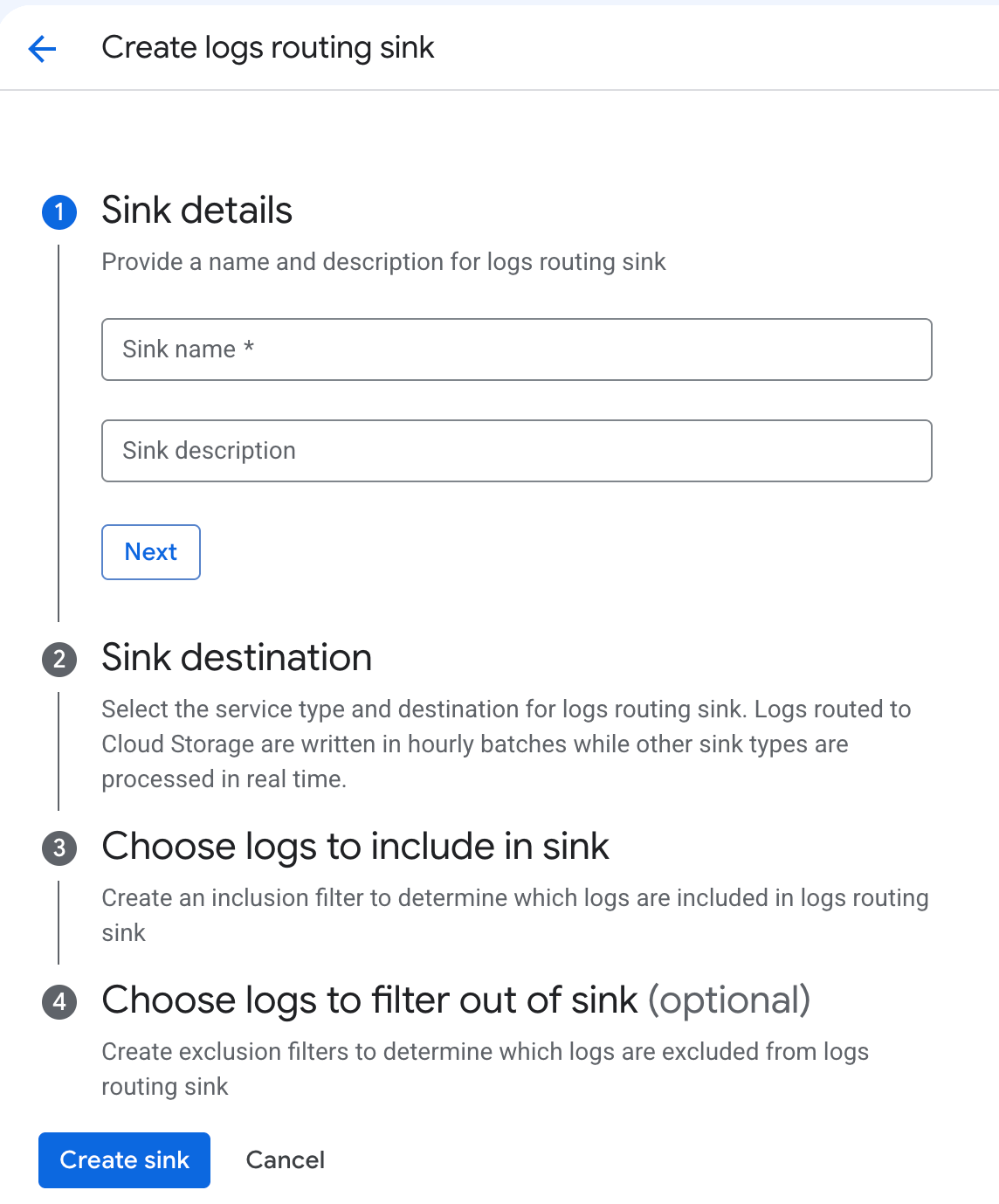 Create logs routing sink wizard showing all four steps