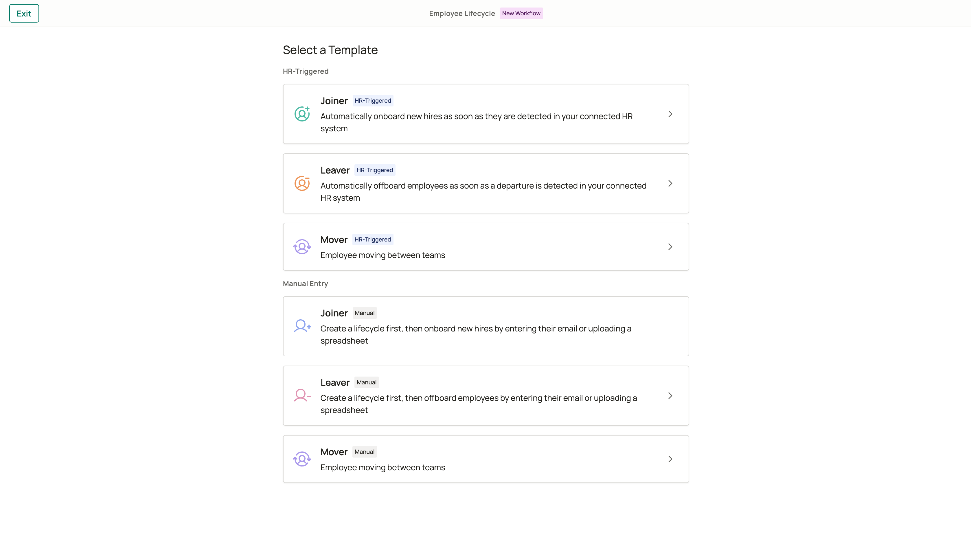 Lifecycle template selection page