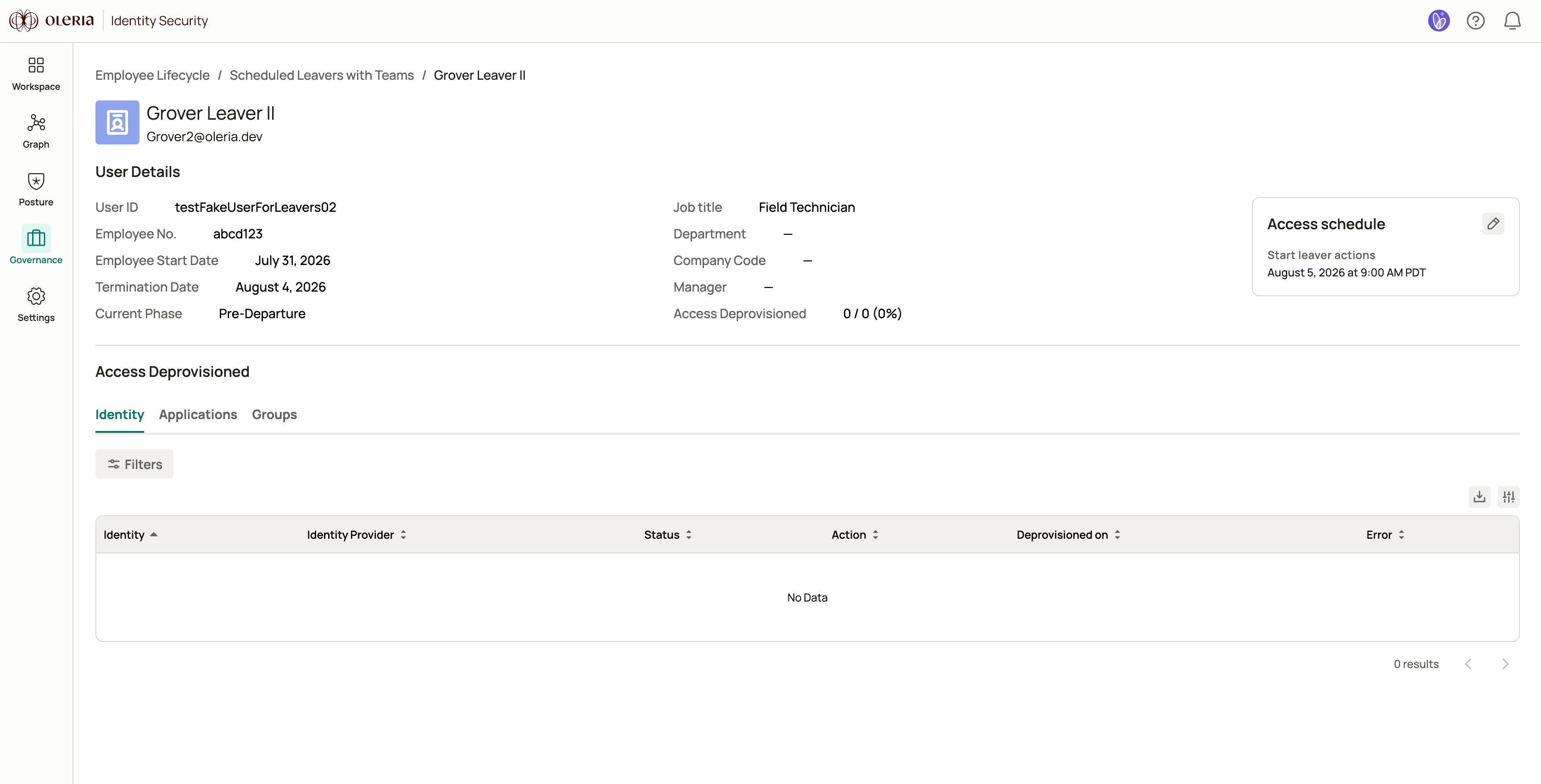 Employee event page showing the employee table with phase, status, and access deprovisioned columns