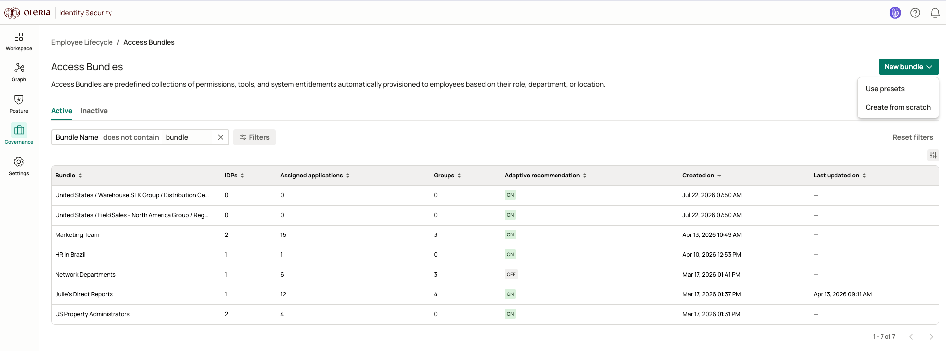 Access Bundles page with the New bundle menu open showing Use presets and Create from scratch
