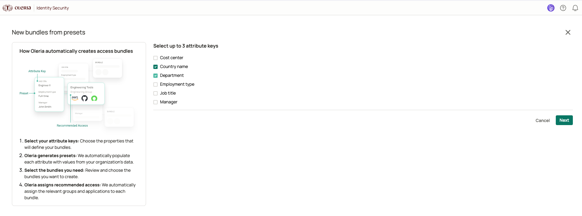 Select attribute keys step with the six attribute checkboxes and the explainer sidebar