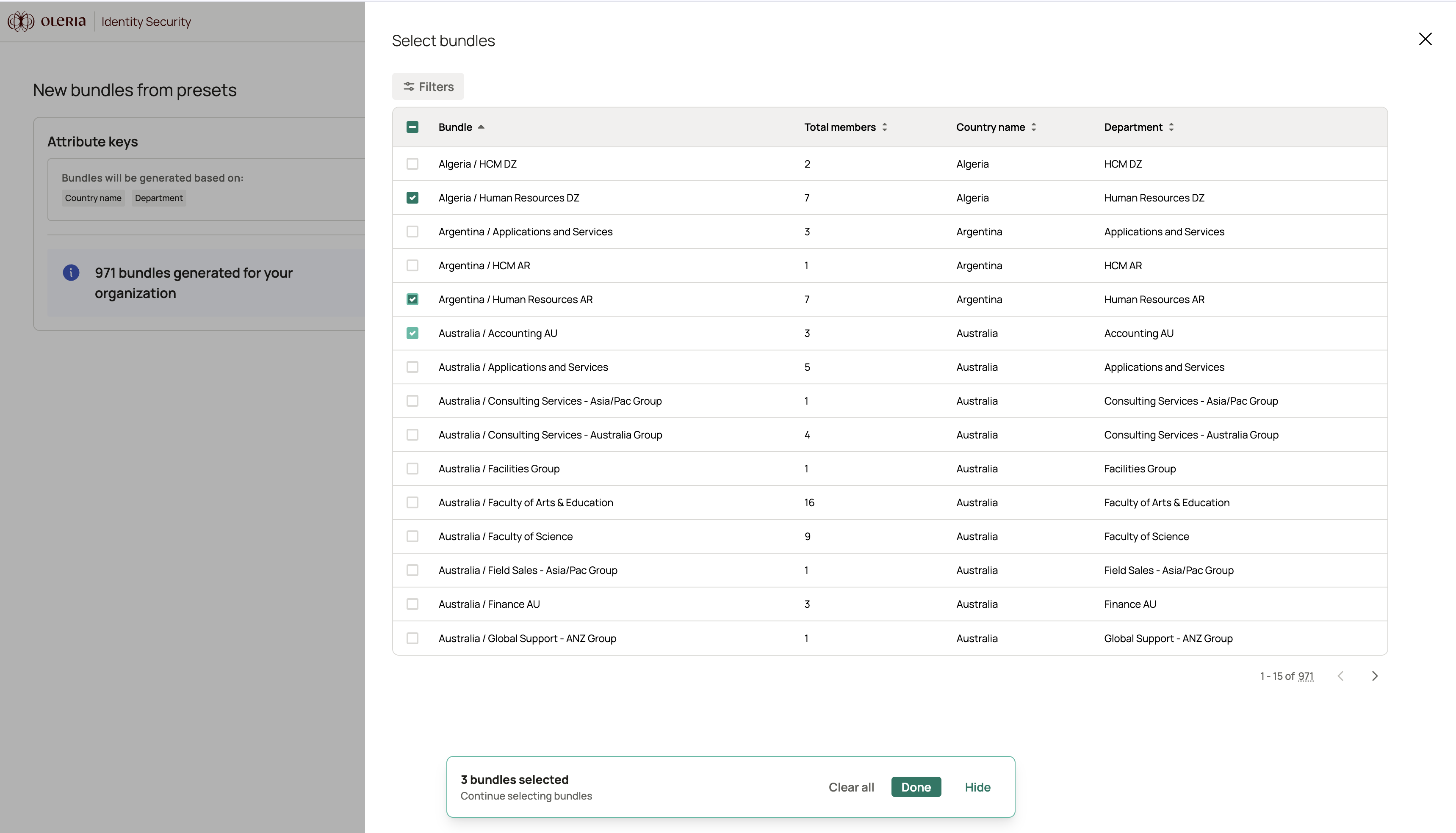 Select bundles step showing the candidate bundle table with name, total members, and attribute columns