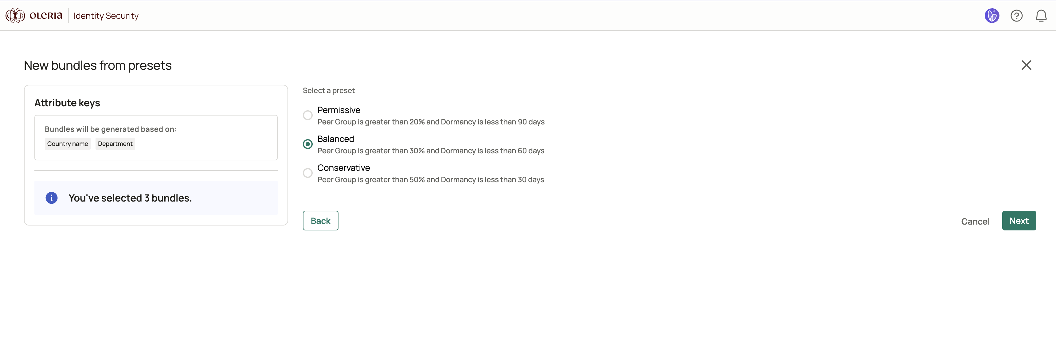 Assign access step showing the three Adaptive Recommendation levels with Balanced selected
