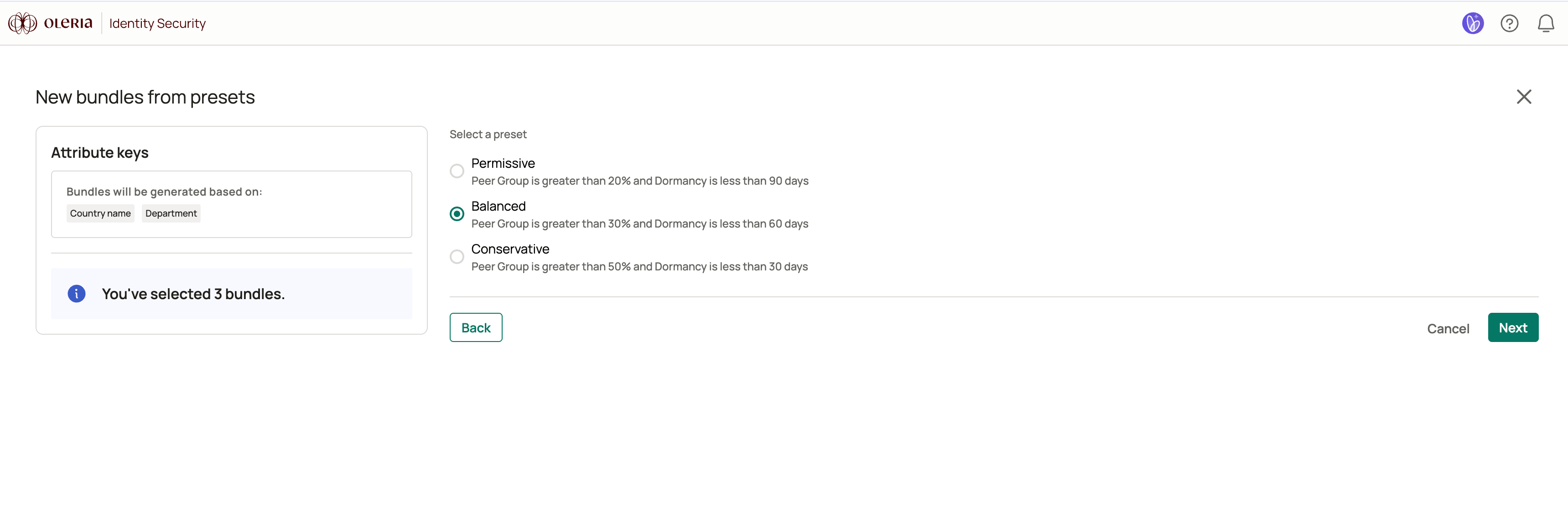 Assign access step showing the three Adaptive Recommendation levels with Balanced selected