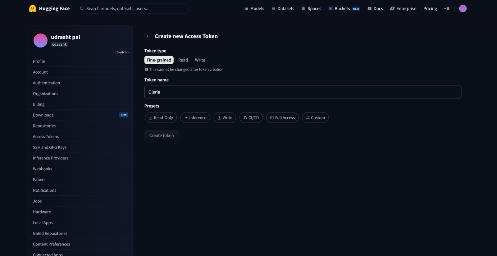 Hugging Face Create new Access Token form with the Fine-grained token type selected and the token name Oleria