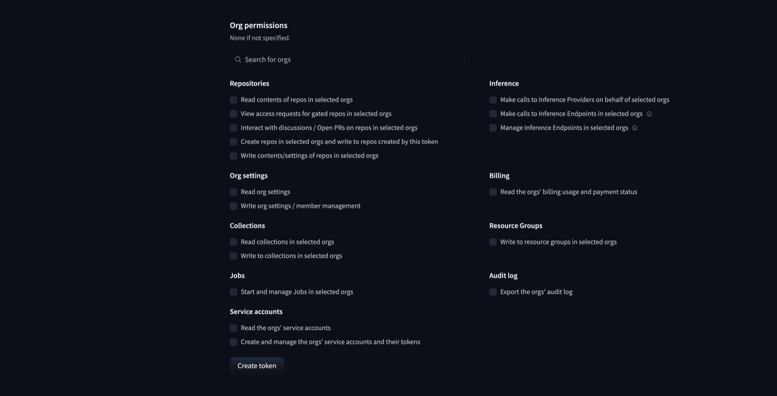 Hugging Face fine-grained token Org permissions section with Repositories, Org settings, Collections, Resource Groups, Audit log, and Service accounts permissions