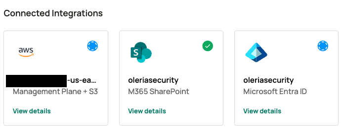Oleria workspace Connected Integrations showing newly added AWS IAM and S3
