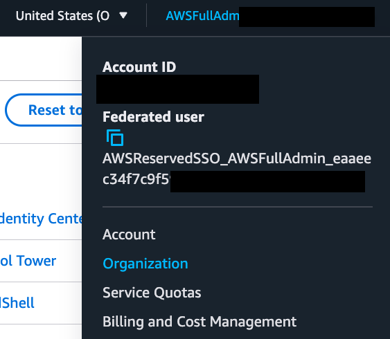AWS console account menu in the top right corner with Organization highlighted