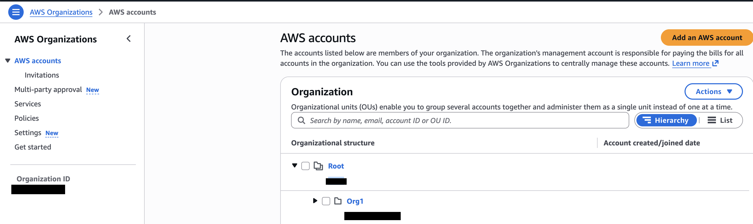 AWS Organizations console showing the organization Root ID