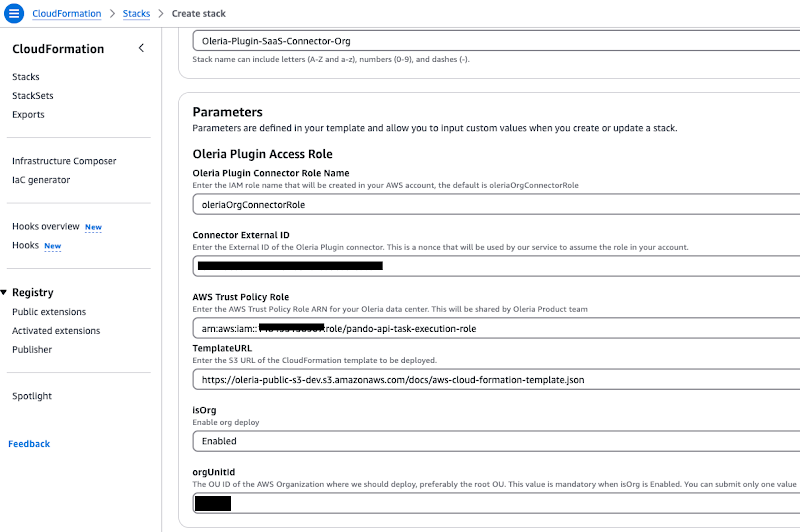 AWS CloudFormation stack creation with Oleria-Plugin-SaaS-Connector pre-selected