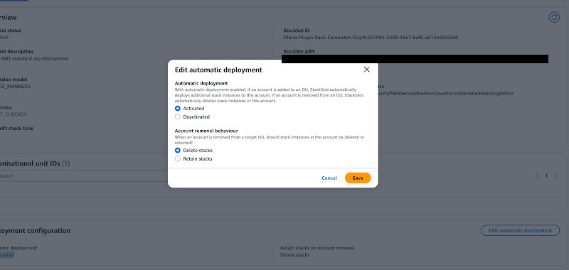CloudFormation StackSets page with Oleria-Plugin-SaaS-Connector selected