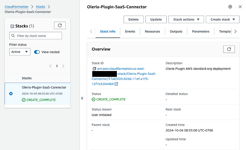 CloudFormation stack with CREATE_COMPLETE status for the single-account setup