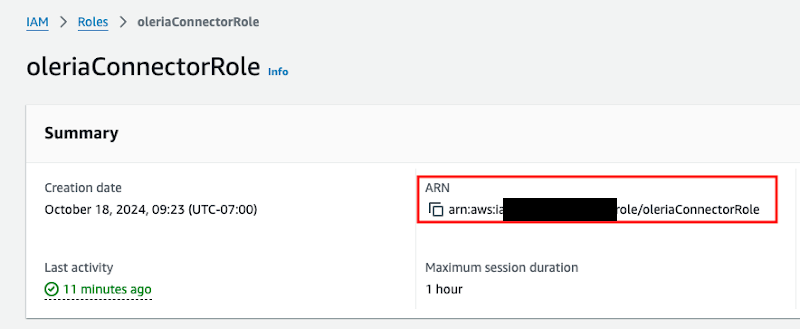 IAM role summary for oleriaConnectorRole with the ARN copy button, organization setup