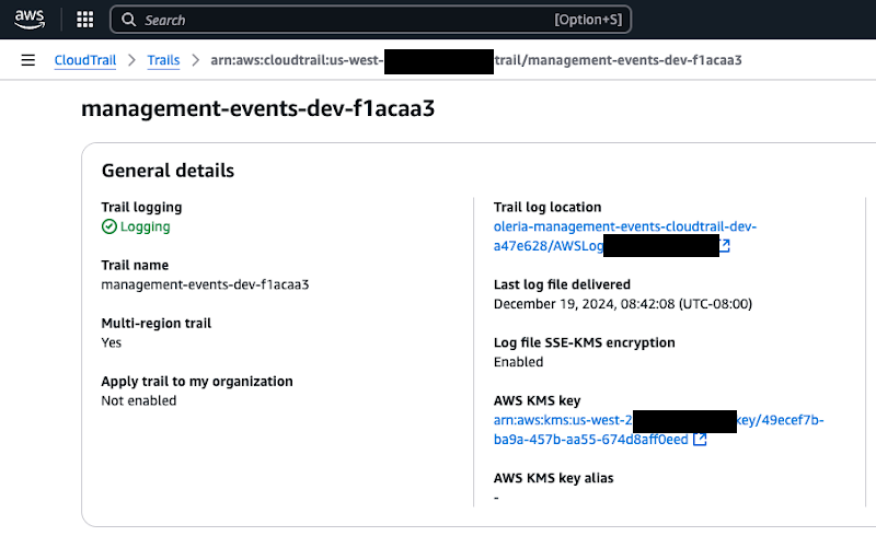 CloudTrail trail settings with the AWS KMS key link, organization setup