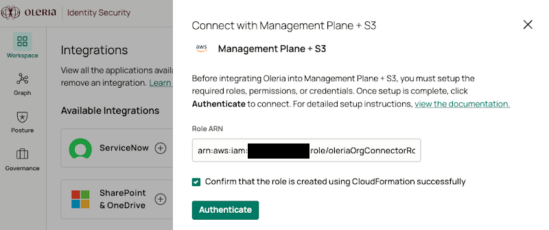 Oleria AWS connection form with the Role ARN field and the CloudFormation confirmation checkbox selected, organization setup