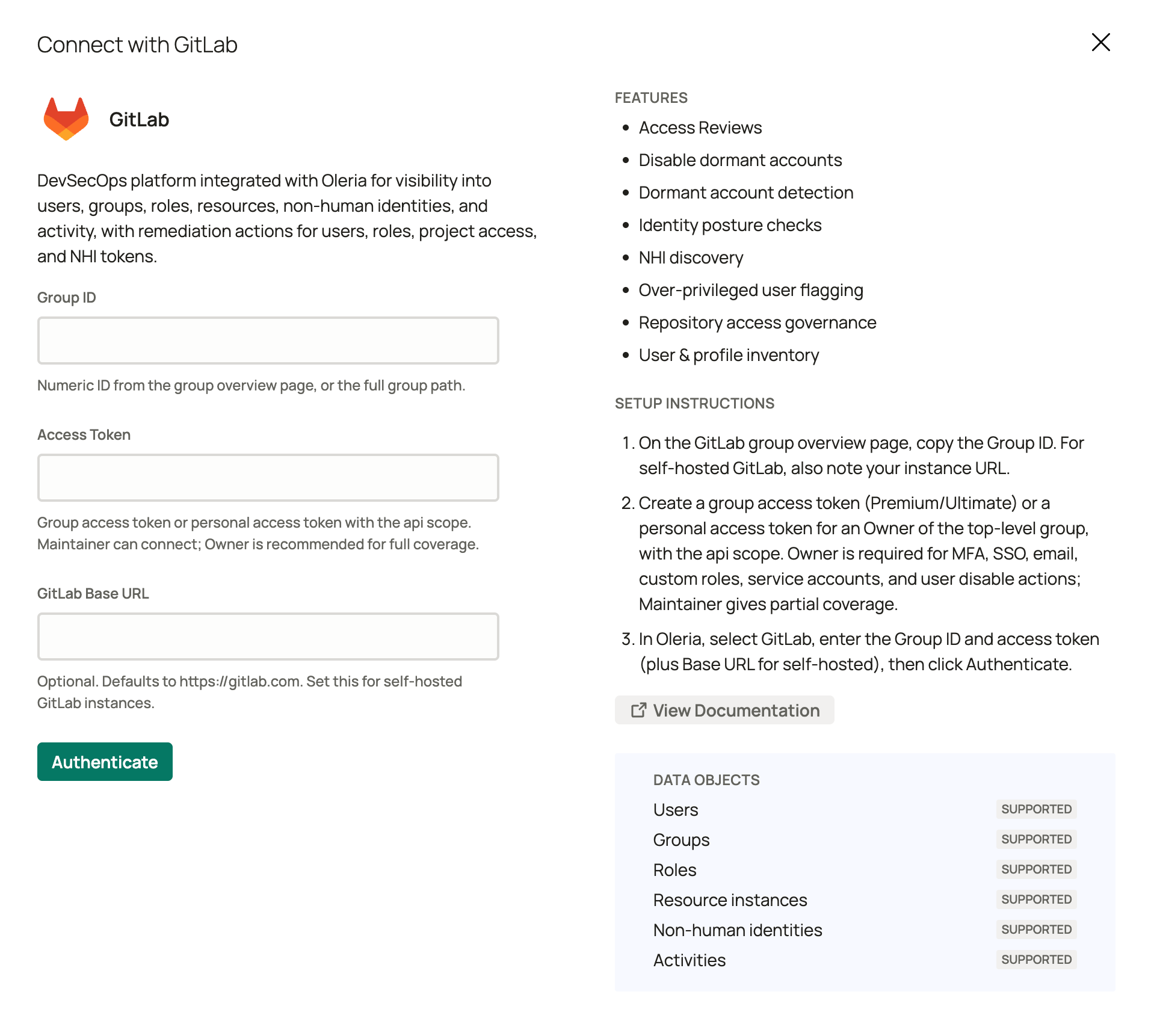 Oleria connect with GitLab panel showing the Group ID, Access Token, and GitLab Base URL fields alongside the GitLab features, setup instructions, and supported data objects