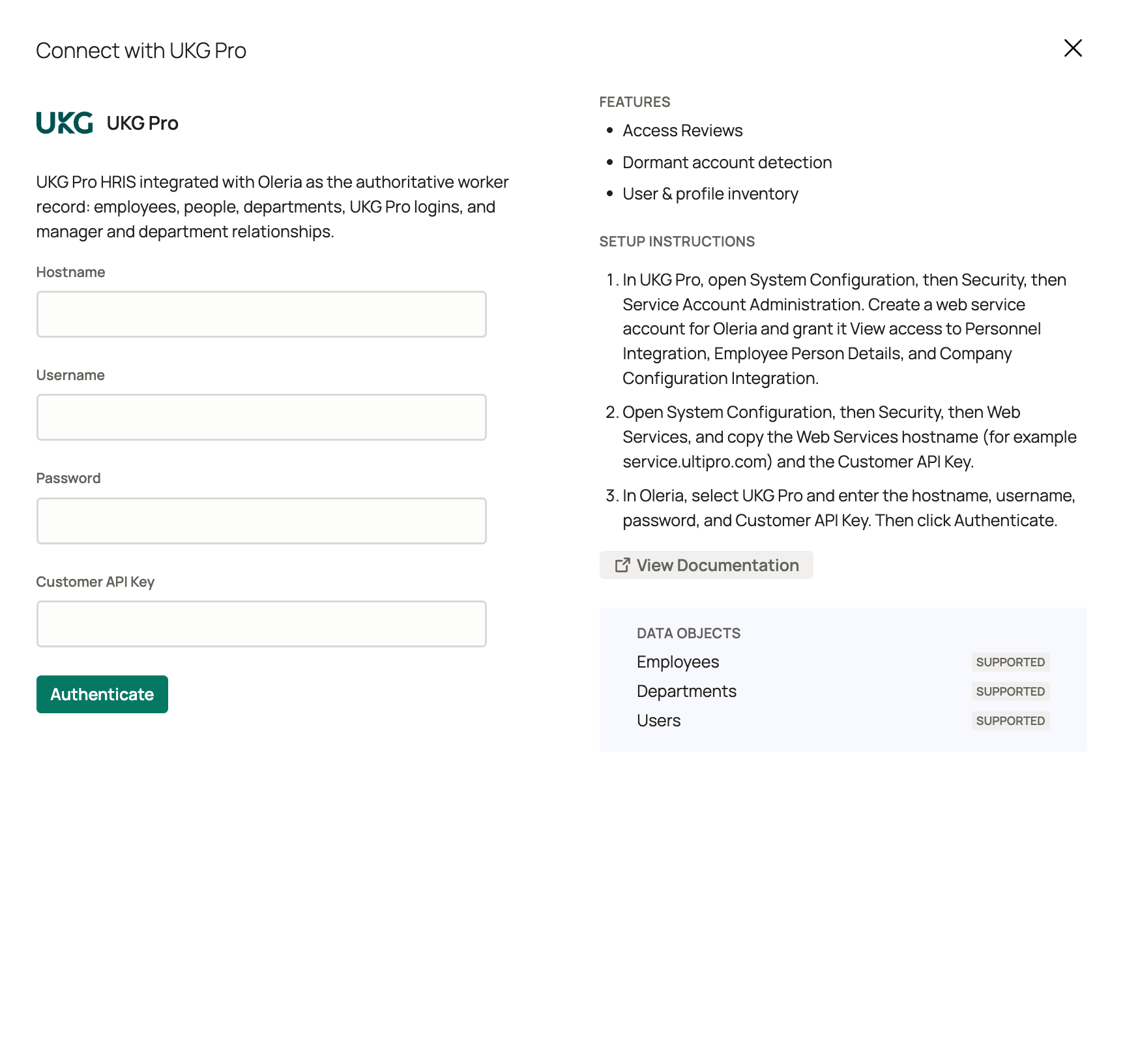 Oleria Connect with UKG Pro panel showing the Hostname, Username, Password, and Customer API Key fields, the UKG Pro setup instructions, and the supported data objects