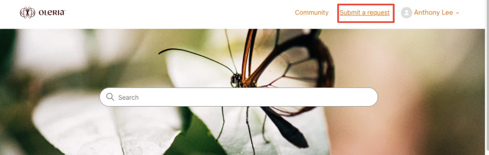 Click the “Submit a request” text from the upper right navigation of the Oleria Help Center.