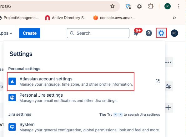 Navigate to your Jira instance, select settings, and select Atlassian account settings