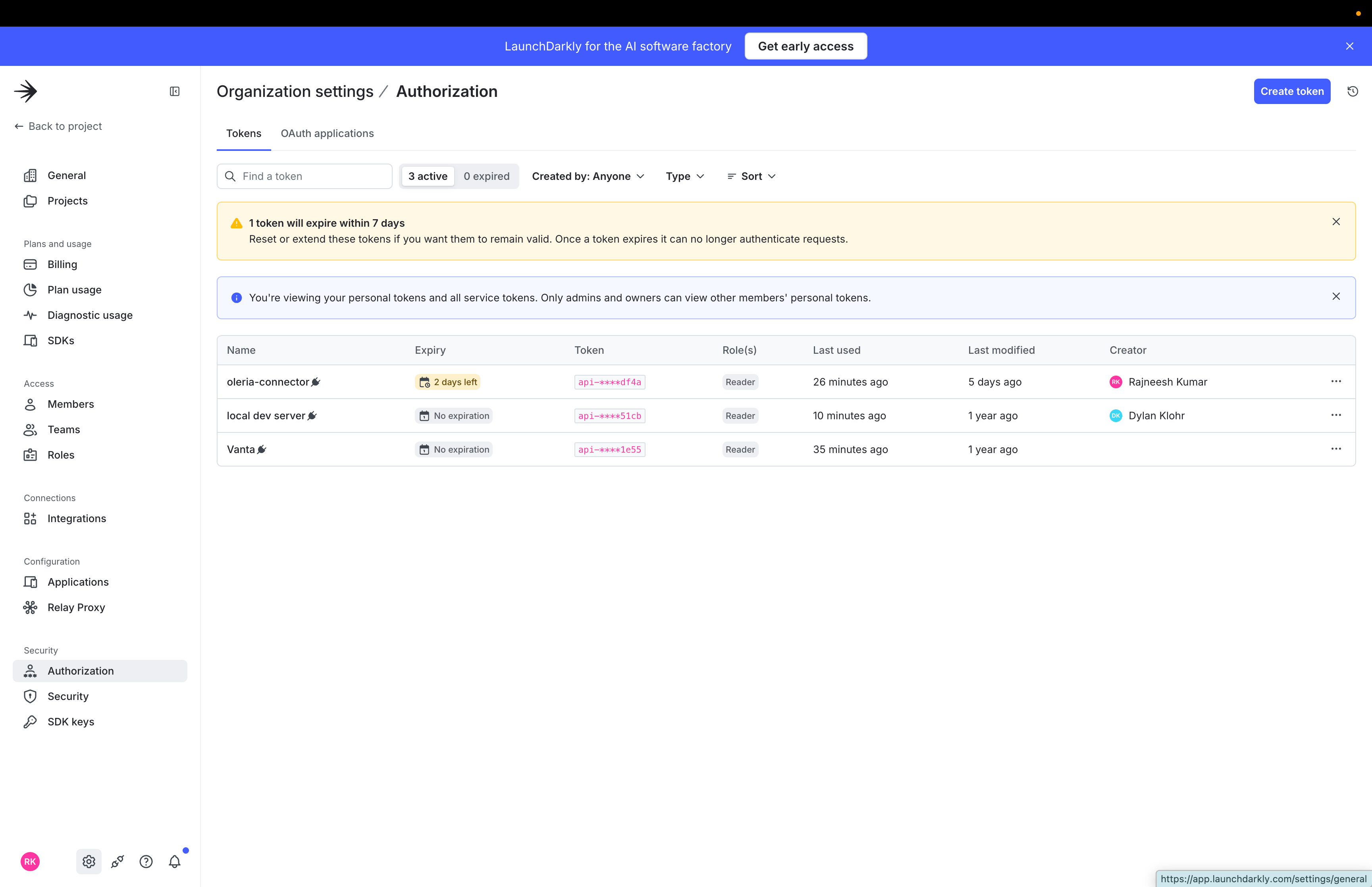 Log in to LaunchDarkly, go to Account settings, select Authorization, select Create token