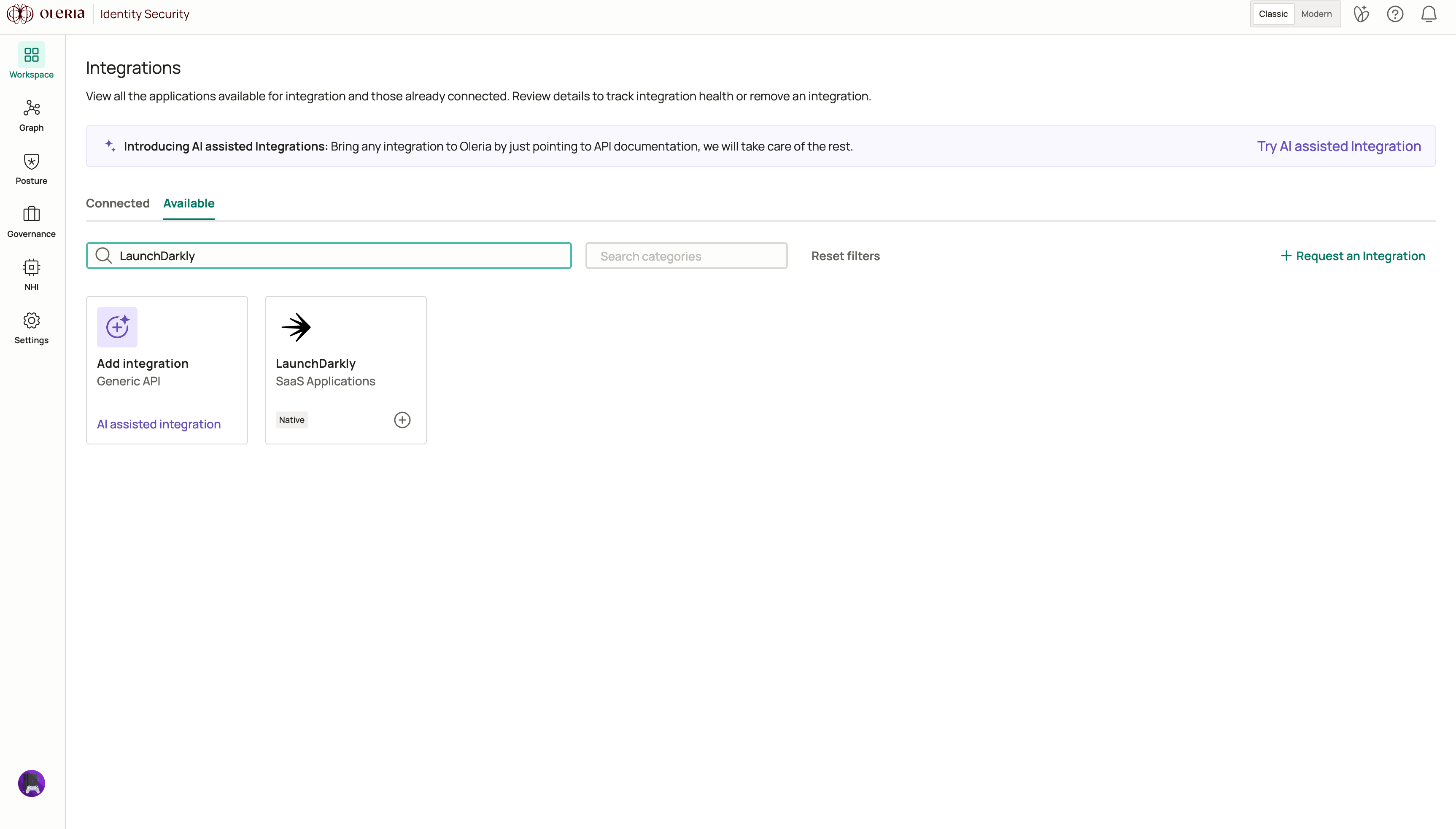 Oleria Integrations Available tab with LaunchDarkly found via search