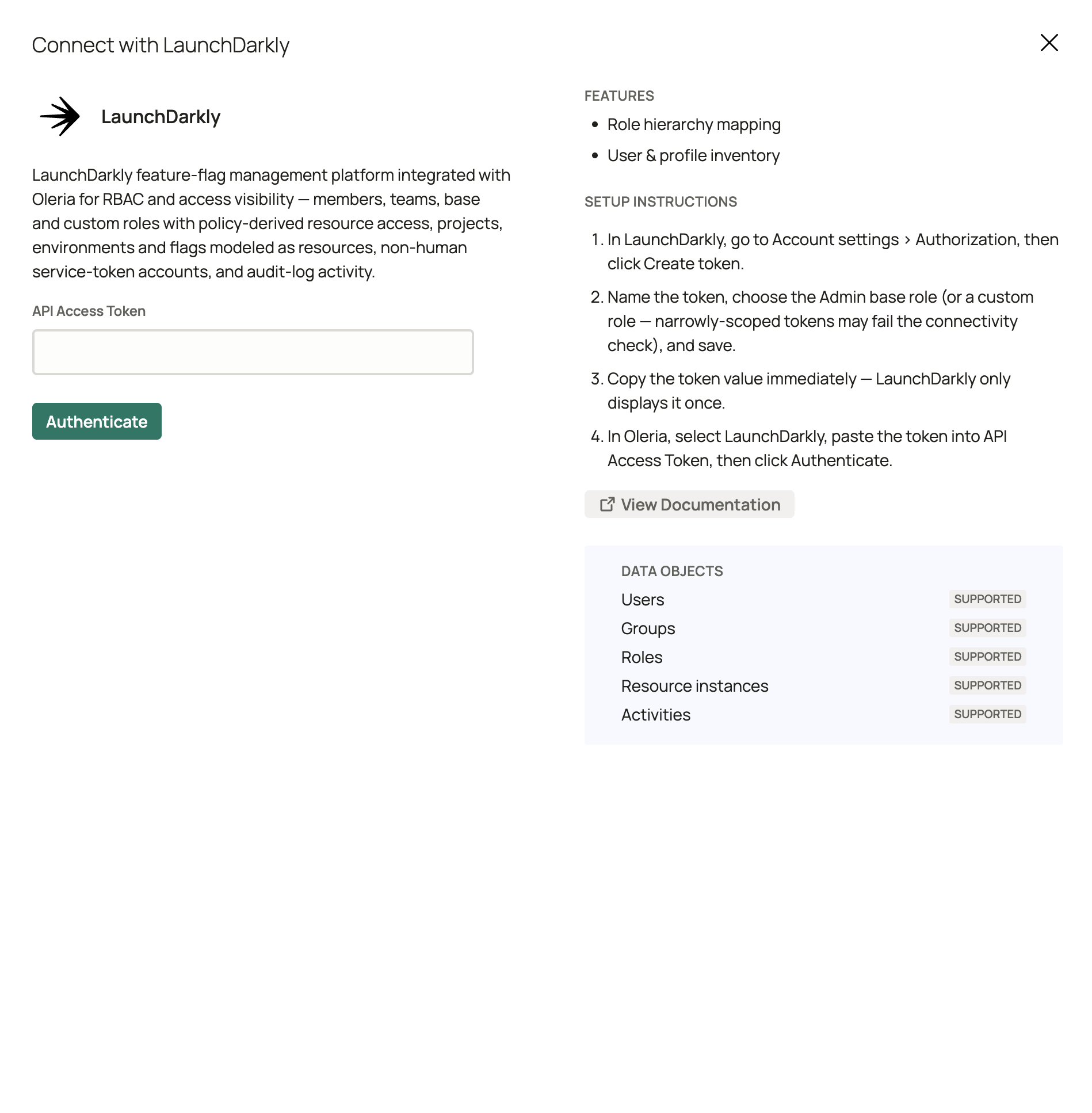 Connect with LaunchDarkly panel showing setup instructions, the API Access Token field, and the Authenticate button