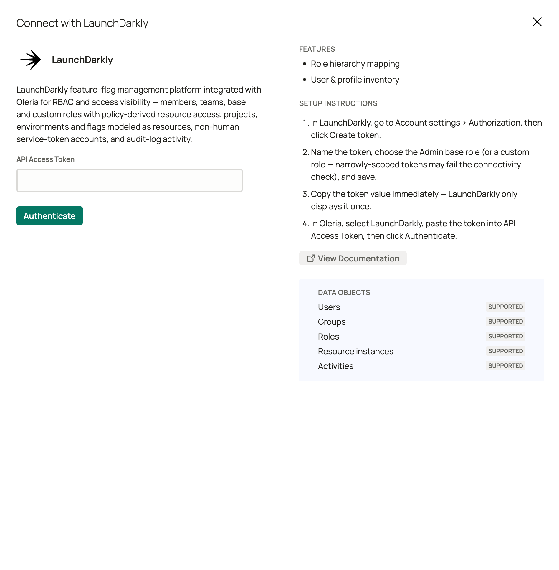 Connect with LaunchDarkly panel showing setup instructions, the API Access Token field, and the Authenticate button
