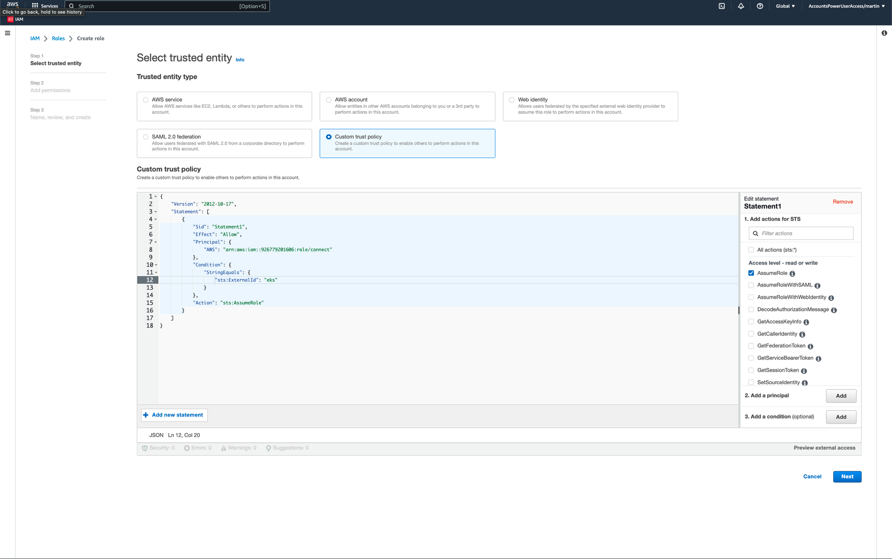 AWS Custom Trust Policy Screen