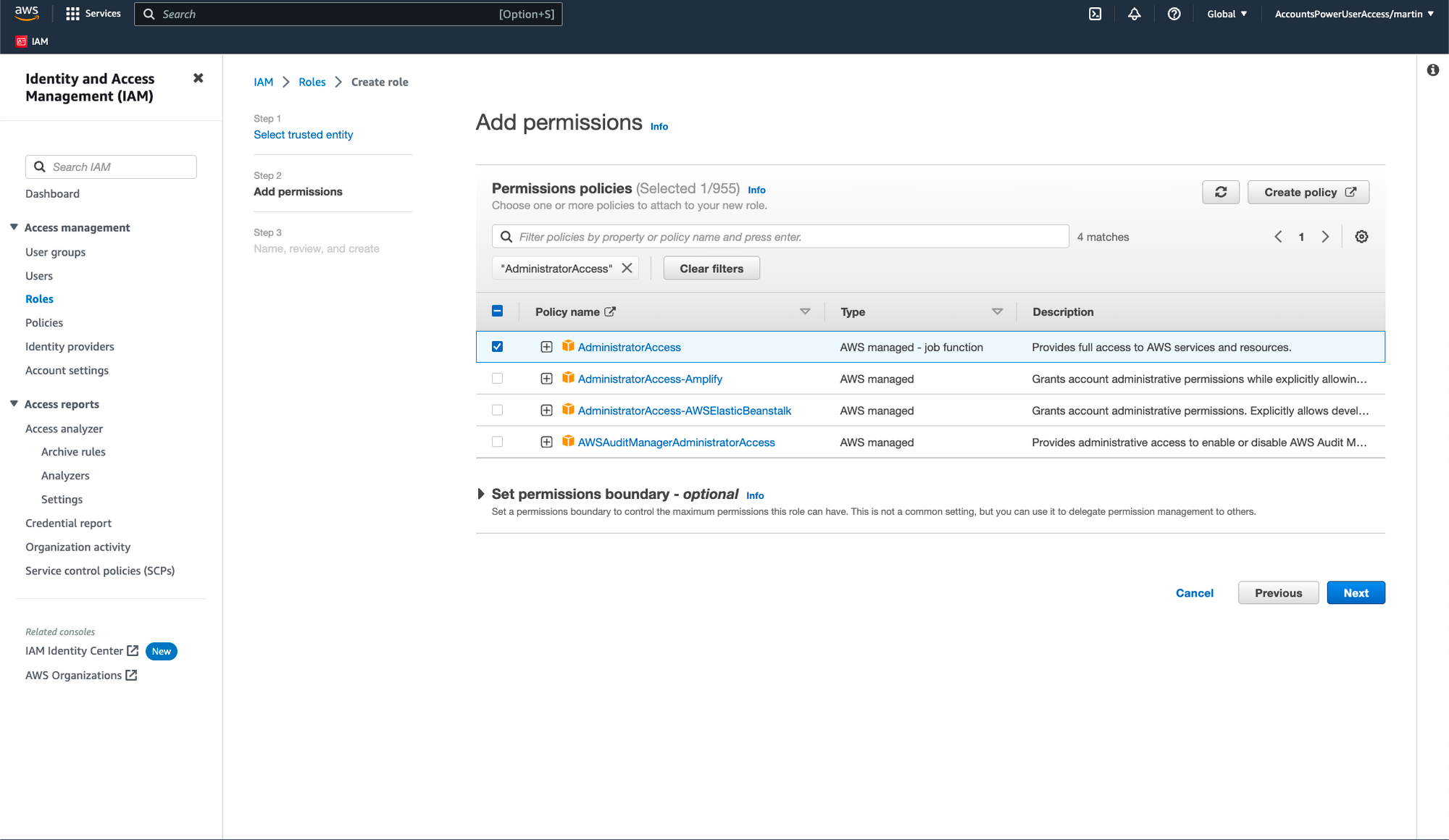 AWS Permissions Screen