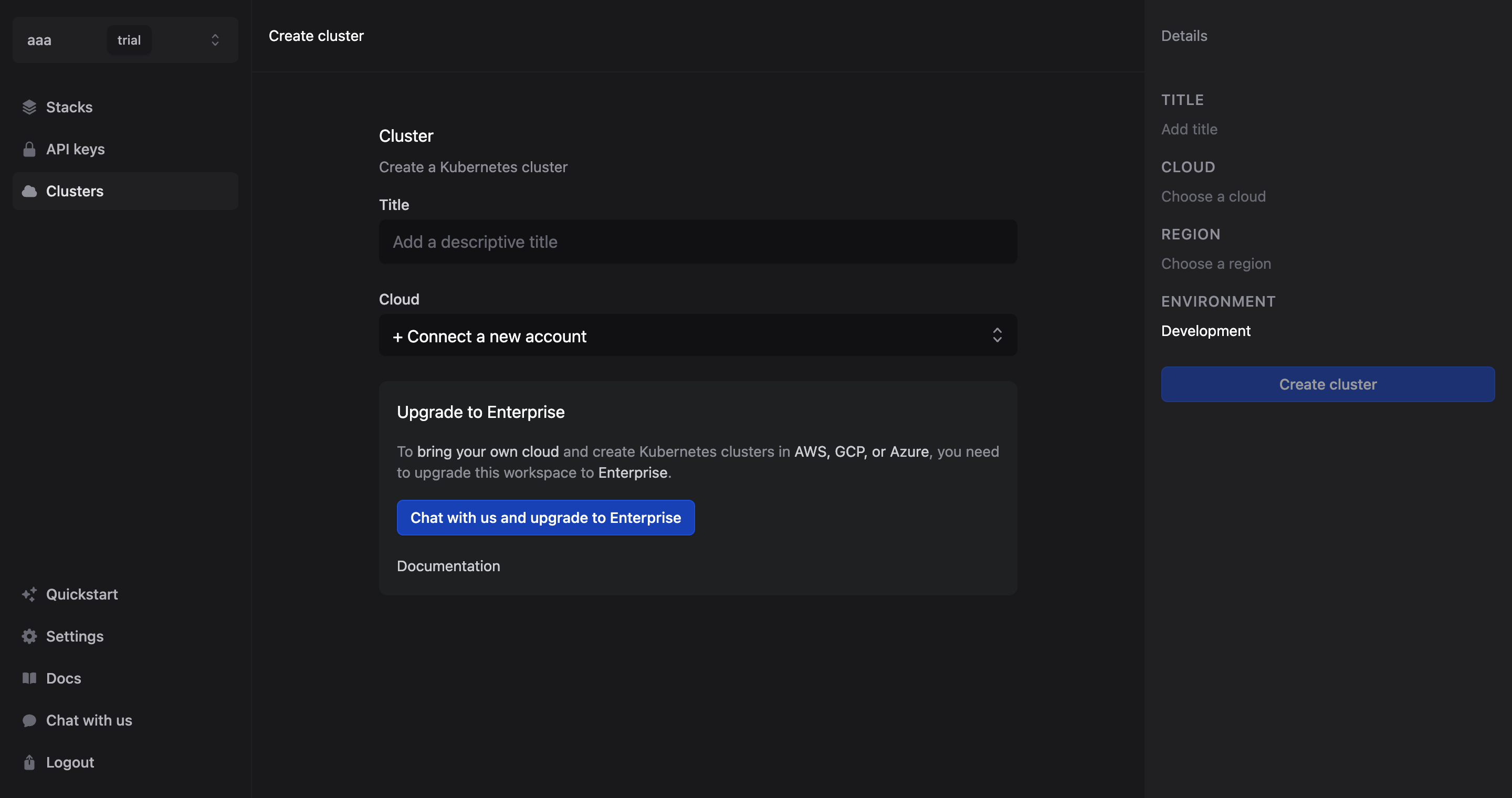 Restack Console Cloud Connection Screen