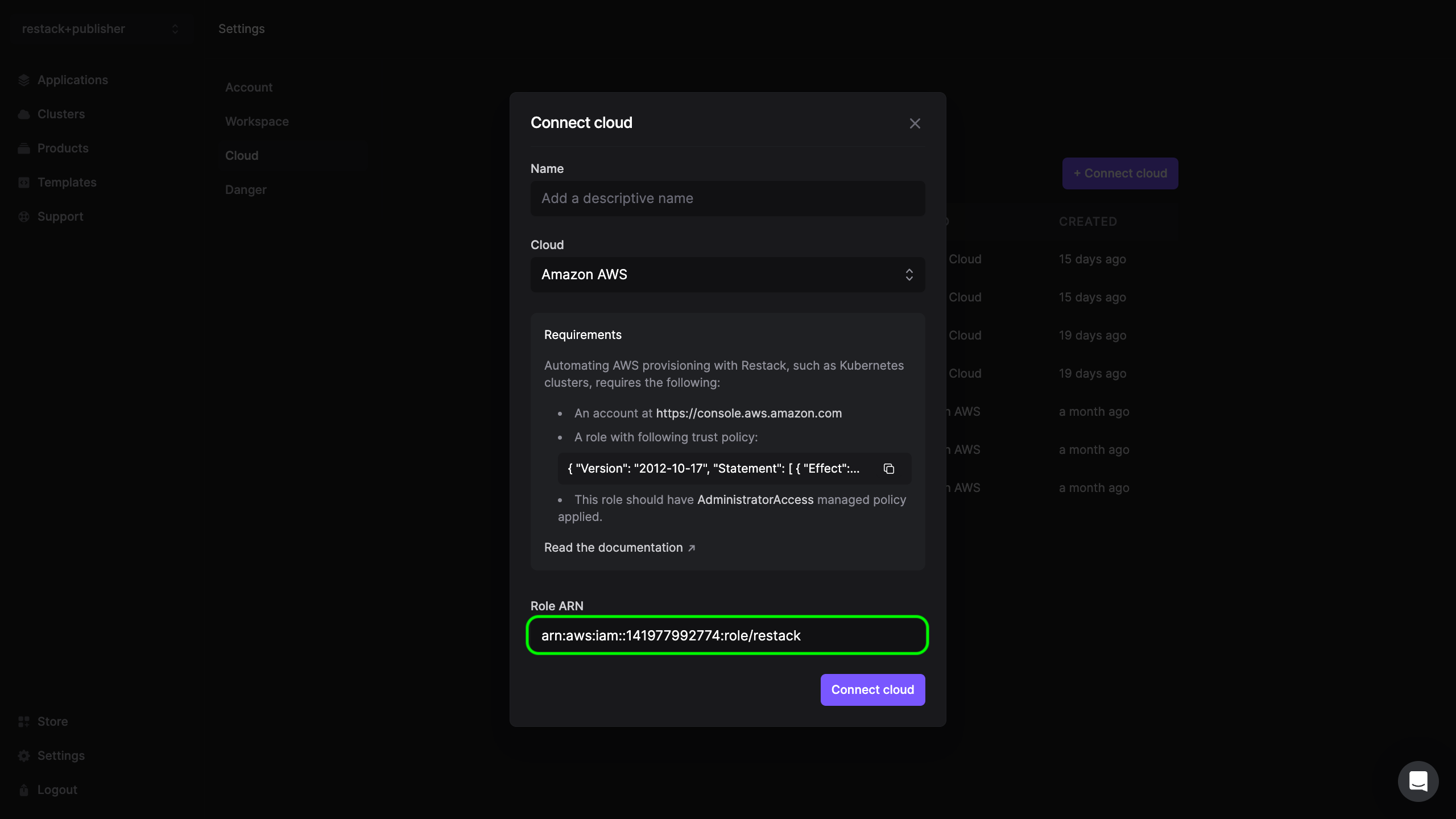 Restack ARN Entry Screen