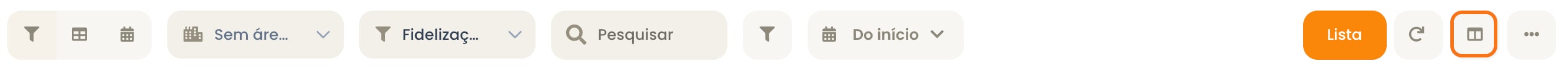 Barra superior do quadro, com os filtros de área de negócio, funil, pesquisa e período à esquerda e, à direita, os botões de alternar para lista, atualizar, configurações do cartão em destaque e menu de ações