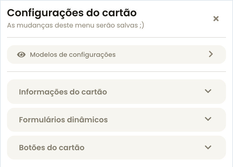 Painel Configurações do cartão com o atalho Modelos de configurações e os grupos Informações do cartão, Formulários dinâmicos e Botões do cartão