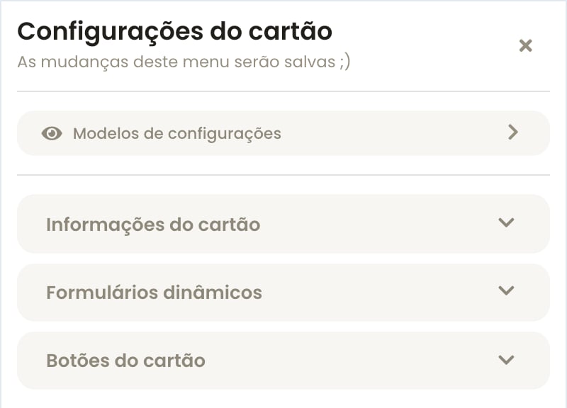 Painel Configurações do cartão com o atalho Modelos de configurações e os grupos Informações do cartão, Formulários dinâmicos e Botões do cartão