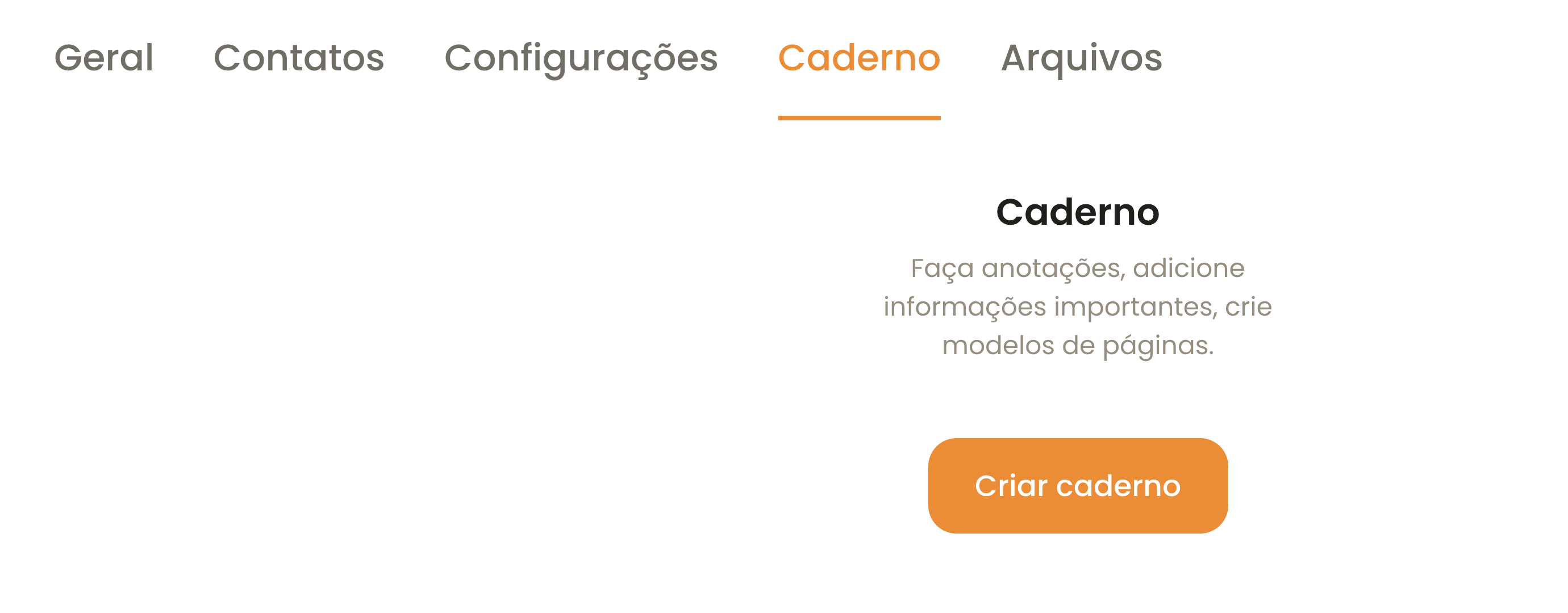 Abas Geral, Contatos, Configurações, Caderno e Arquivos de um cliente, com a aba Caderno aberta mostrando o botão Criar caderno