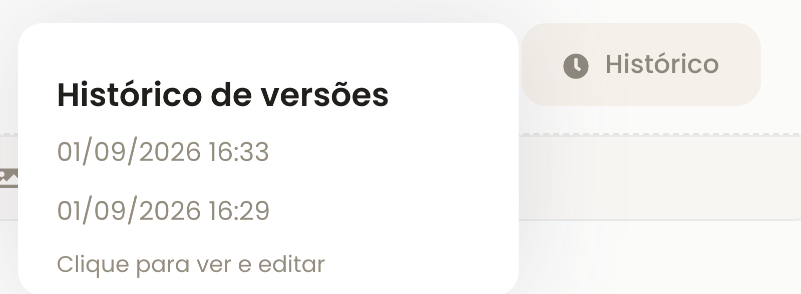 Menu Histórico de versões aberto, listando duas versões com data e hora e a instrução Clique para ver e editar